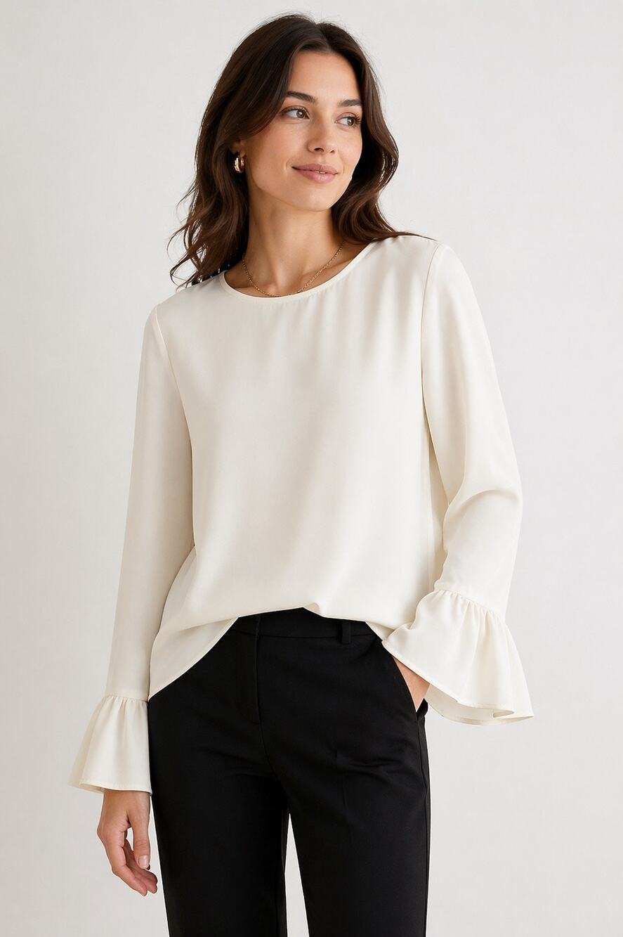 J Crew Womens Large Ivory Bell Sleeve Blouse Ruffle Cuff Keyhole Back Top - Picture 1 of 8